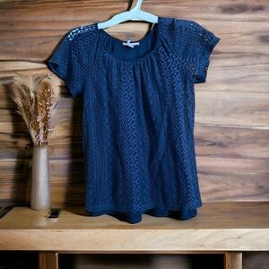 Dressbarn open weave lined lace navy blue short sleeve eyelet small